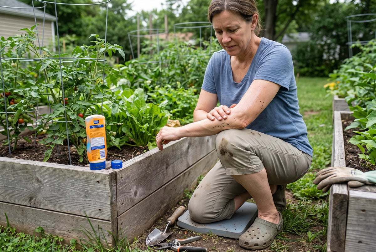 Greasy sunscreen on arms while gardening