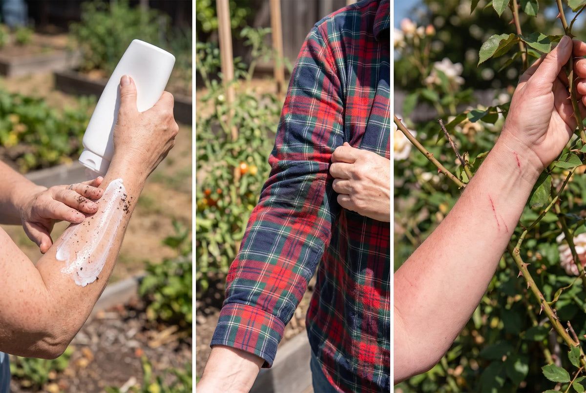 The three options gardeners choose between — sunscreen, long sleeves, or bare arms