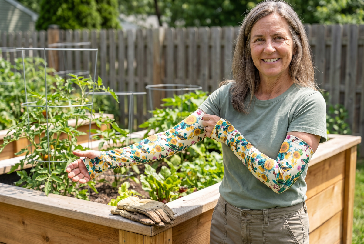 Gardener proudly showing her Livaro Field Sleeves